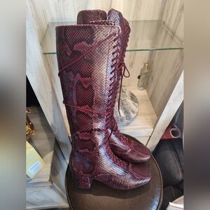 Kate Spade Lake Snake-Embossed Leather Knee High Boots Burgundy Women 6.5M NWB